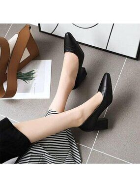 Chunky High Heel Pumps for Women Pointed Closed Toe Slip On Block Heeled Formal